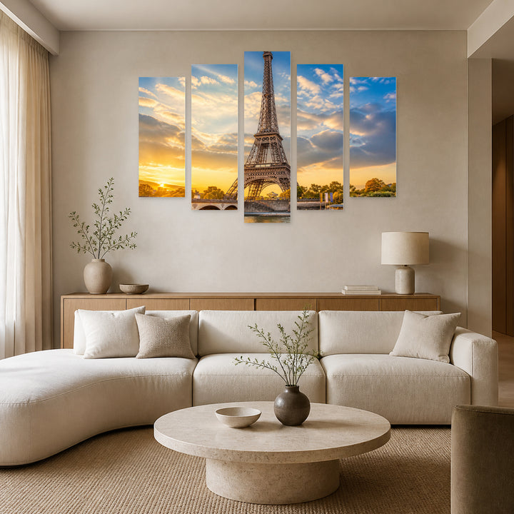 Eiffel Tower in Blue and Gold II — five-panel wall art in frontal interior | 5wallart 56201 M3