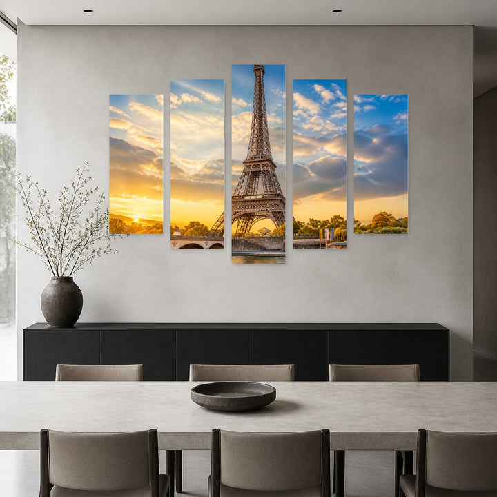Eiffel Tower in Blue and Gold II — five-panel wall art in alternate frontal interior | 5wallart 56201 M4