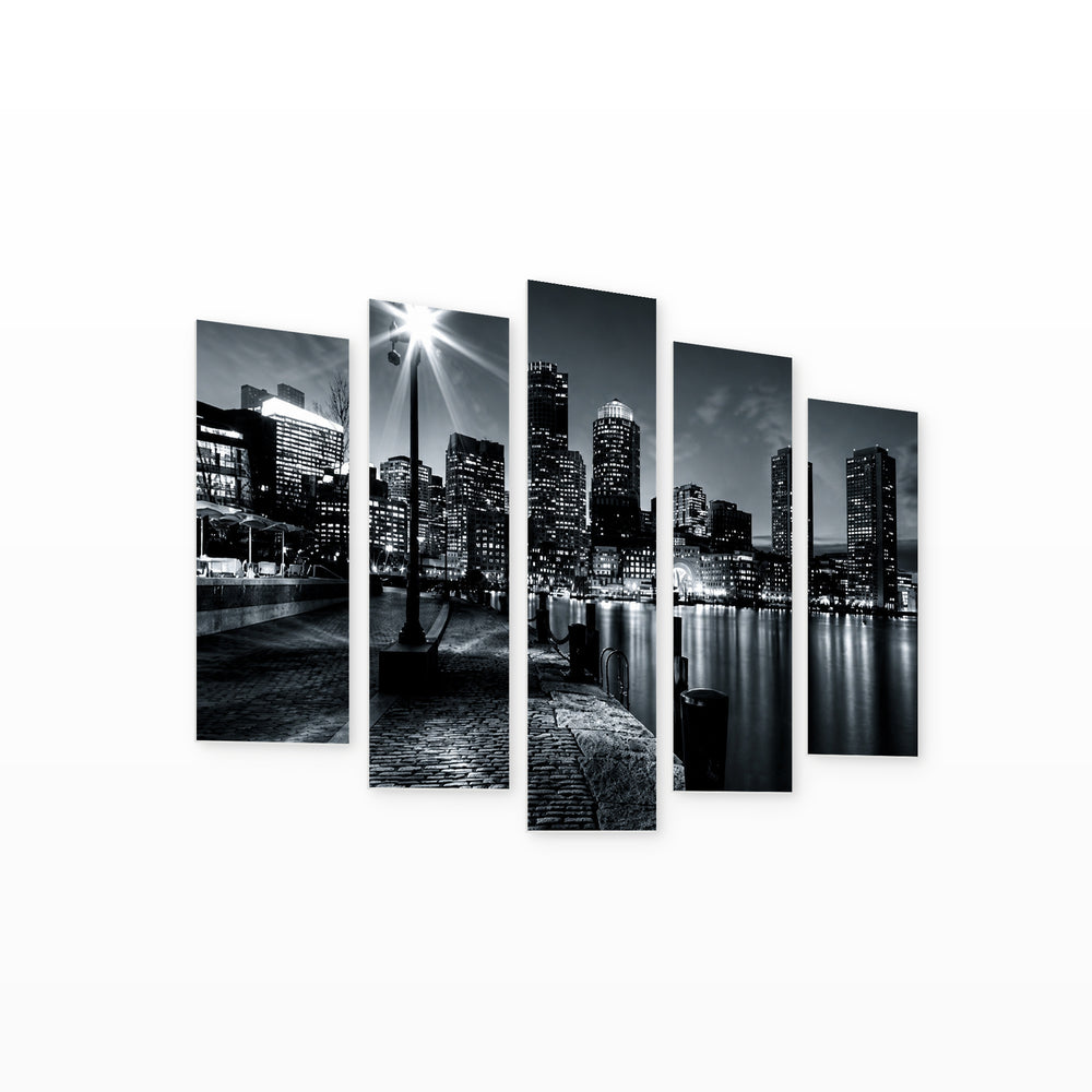 Black and White Business District, in Serene Light — five-panel wall art on white background in perspective | 5wallart 56202 M1