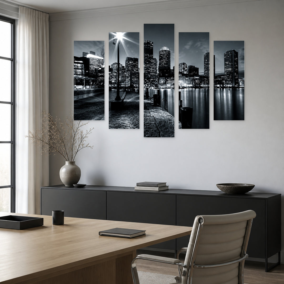 Black and White Business District, in Serene Light — five-panel wall art in frontal interior | 5wallart 56202 M3