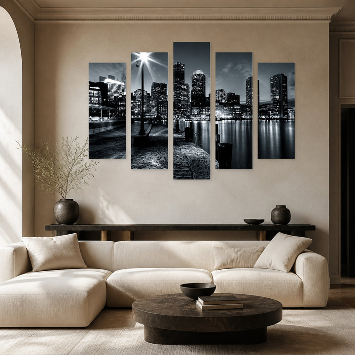 Black and White Business District, in Serene Light — five-panel wall art in alternate frontal interior | 5wallart 56202 M4