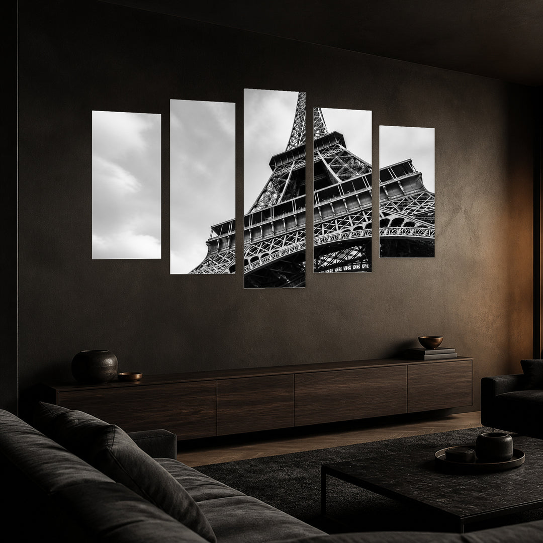 Eiffel Tower, Black and White 2 Urban Panorama — five-panel wall art in perspective interior | 5wallart 56203 M2