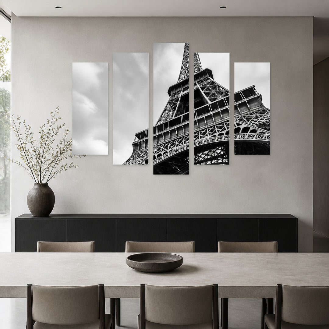 Eiffel Tower, Black and White 2 Urban Panorama — five-panel wall art in alternate frontal interior | 5wallart 56203 M4