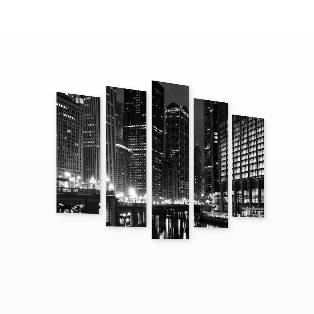Monochrome Chicago in the Evening, — five-panel wall art on white background in perspective | 5wallart 56204 M1