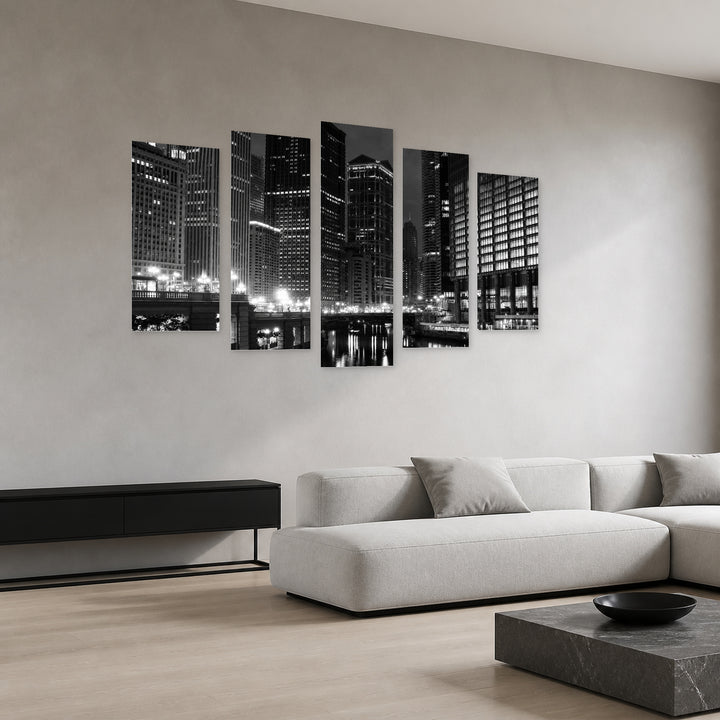 Monochrome Chicago in the Evening, — five-panel wall art in perspective interior | 5wallart 56204 M2