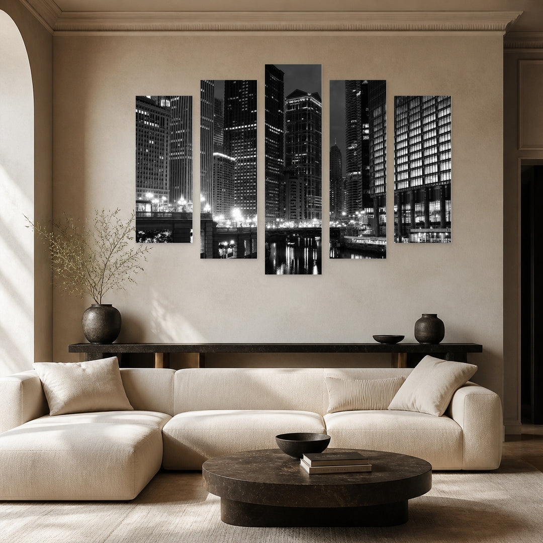 Monochrome Chicago in the Evening, — five-panel wall art in alternate frontal interior | 5wallart 56204 M4