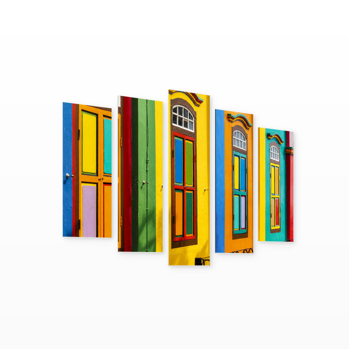 Colorful Facades with Geometric Rhythm II — five-panel wall art on white background in perspective | 5wallart 56206 M1