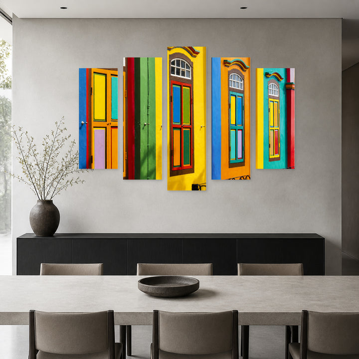 Colorful Facades with Geometric Rhythm II — five-panel wall art in frontal interior | 5wallart 56206 M3