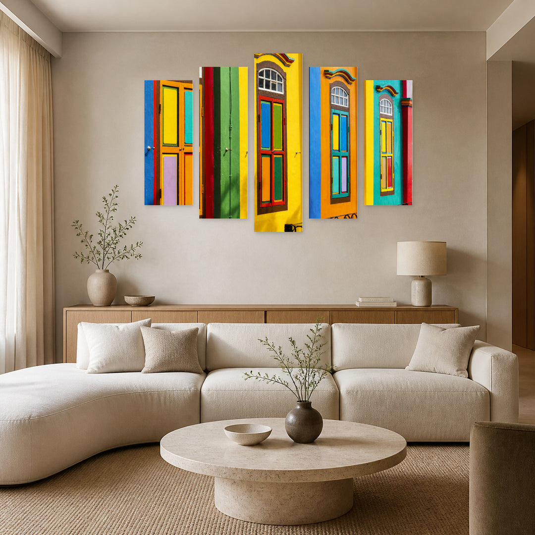 Colorful Facades with Geometric Rhythm II — five-panel wall art in alternate frontal interior | 5wallart 56206 M4