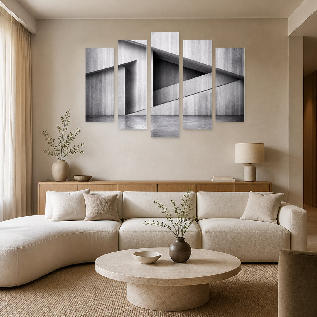 Architectural Abstraction with Geometric Rhythm — five-panel wall art in alternate frontal interior | 5wallart 56210 M4