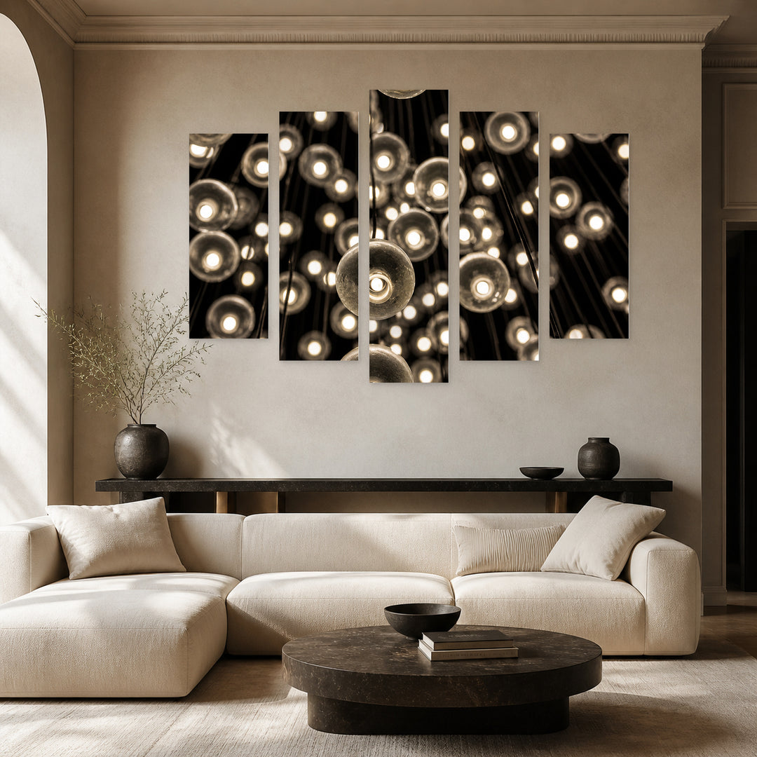 Light Bodies with Geometric Rhythm — five-panel wall art in frontal interior | 5wallart 56211 M3