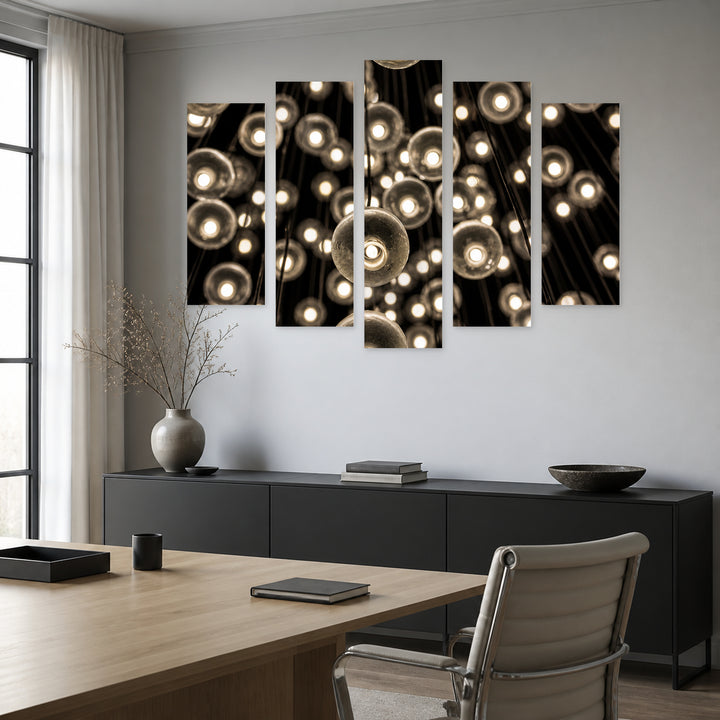 Light Bodies with Geometric Rhythm — five-panel wall art in alternate frontal interior | 5wallart 56211 M4