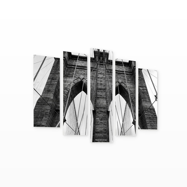 Brooklyn Bridge with Geometric Rhythm — five-panel wall art on white background in perspective | 5wallart 56215 M1