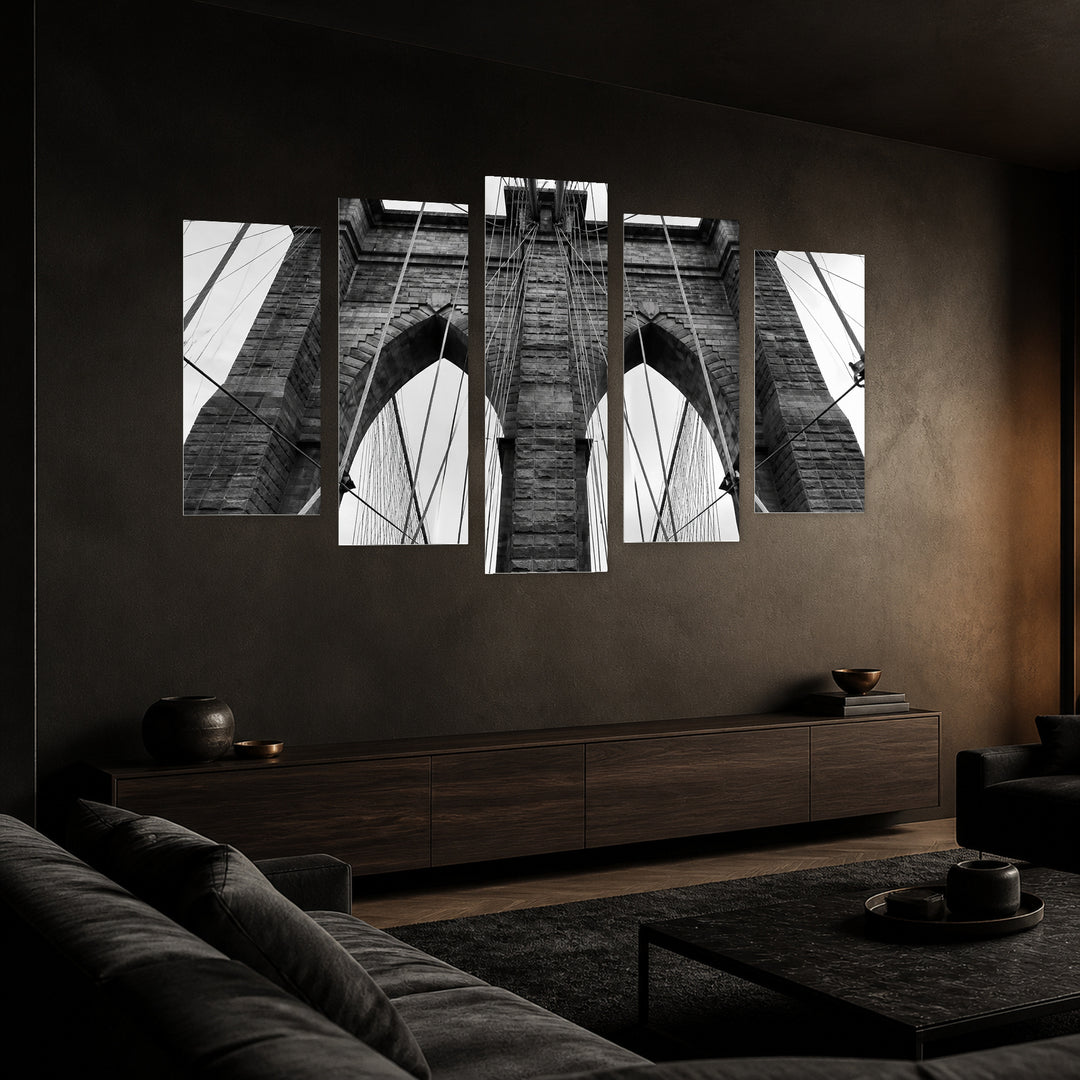 Brooklyn Bridge with Geometric Rhythm — five-panel wall art in perspective interior | 5wallart 56215 M2