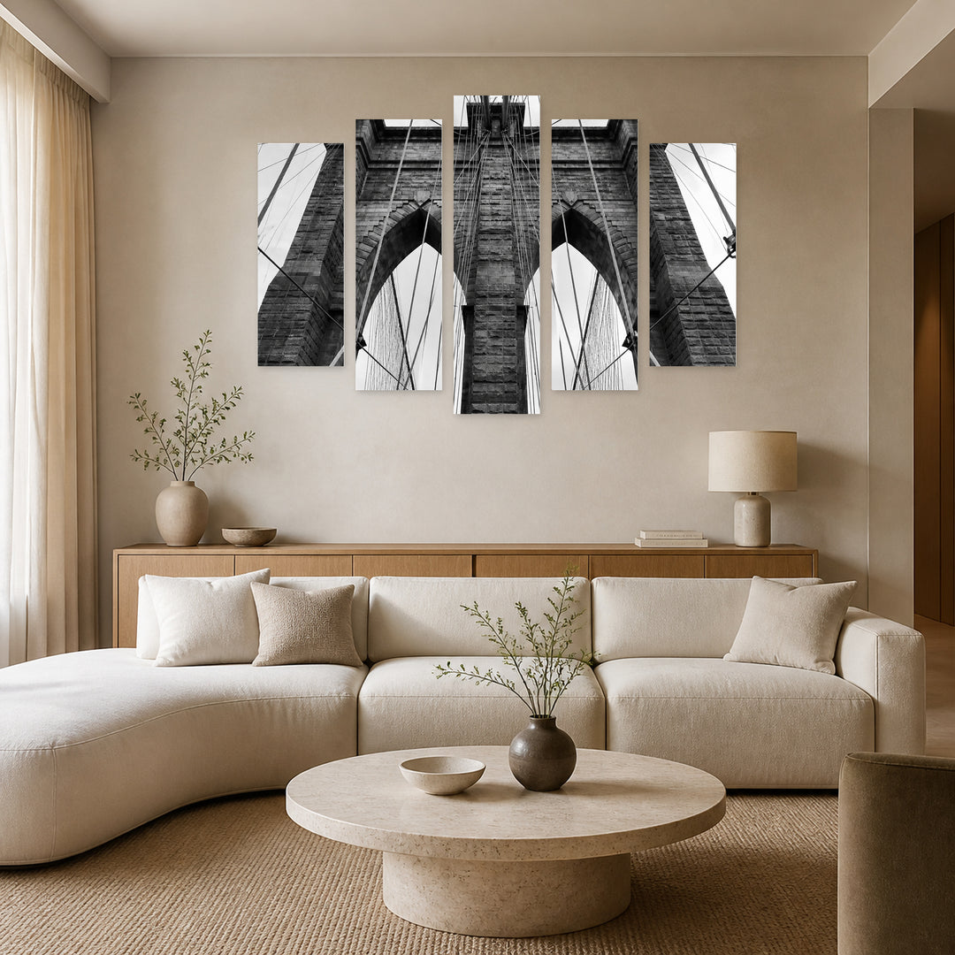 Brooklyn Bridge with Geometric Rhythm — five-panel wall art in frontal interior | 5wallart 56215 M3