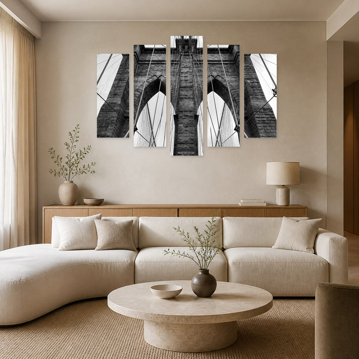 Brooklyn Bridge with Geometric Rhythm — five-panel wall art in frontal interior | 5wallart 56215 M3