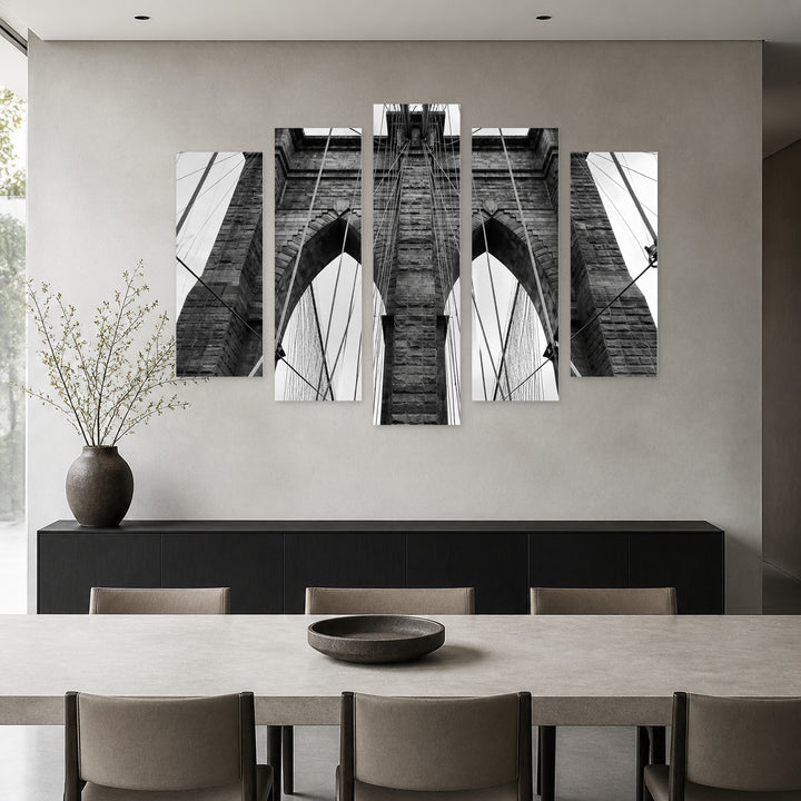 Brooklyn Bridge with Geometric Rhythm — five-panel wall art in alternate frontal interior | 5wallart 56215 M4