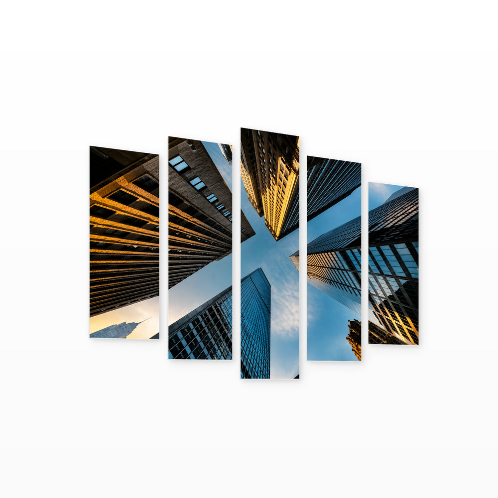 Between Skyscrapers in Blue and Gold — five-panel wall art on white background in perspective | 5wallart 56220 M1