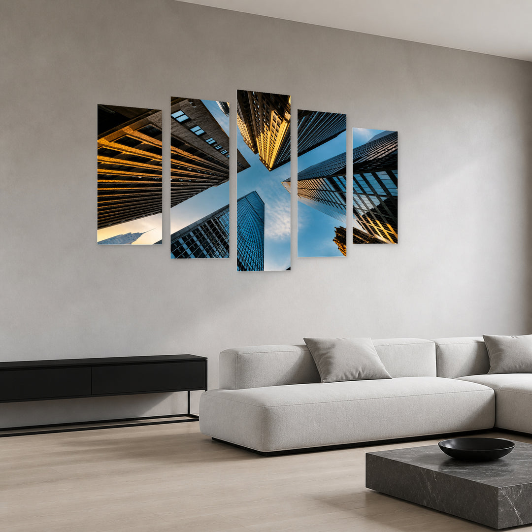 Between Skyscrapers in Blue and Gold — five-panel wall art in perspective interior | 5wallart 56220 M2