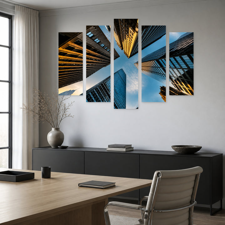 Between Skyscrapers in Blue and Gold — five-panel wall art in frontal interior | 5wallart 56220 M3