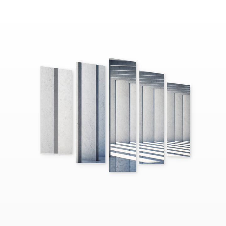 Modern Concrete Hall with Geometric Rhythm — five-panel wall art on white background in perspective | 5wallart 56224 M1