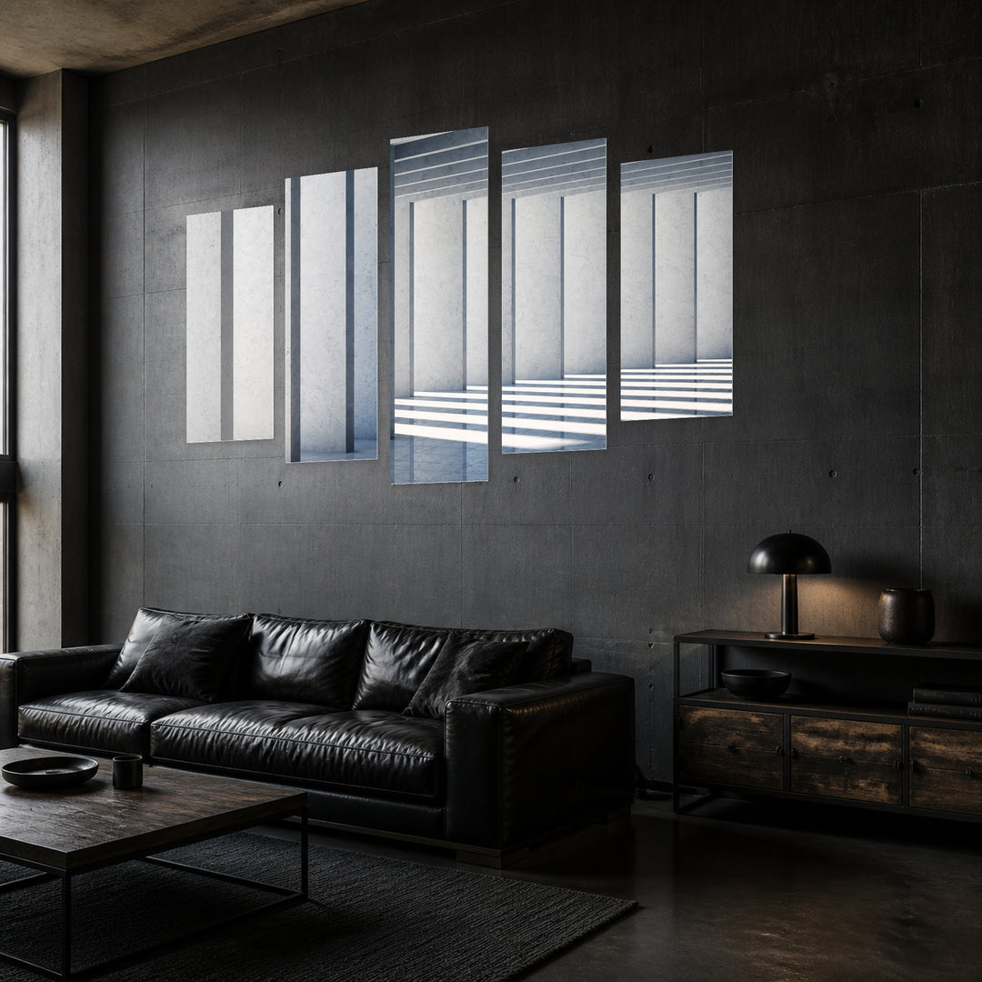 Modern Concrete Hall with Geometric Rhythm — five-panel wall art in perspective interior | 5wallart 56224 M2