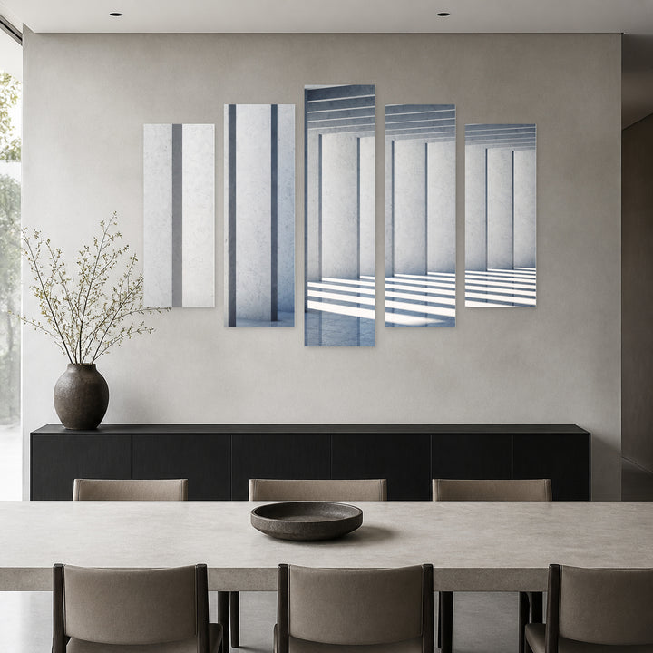Modern Concrete Hall with Geometric Rhythm — five-panel wall art in frontal interior | 5wallart 56224 M3