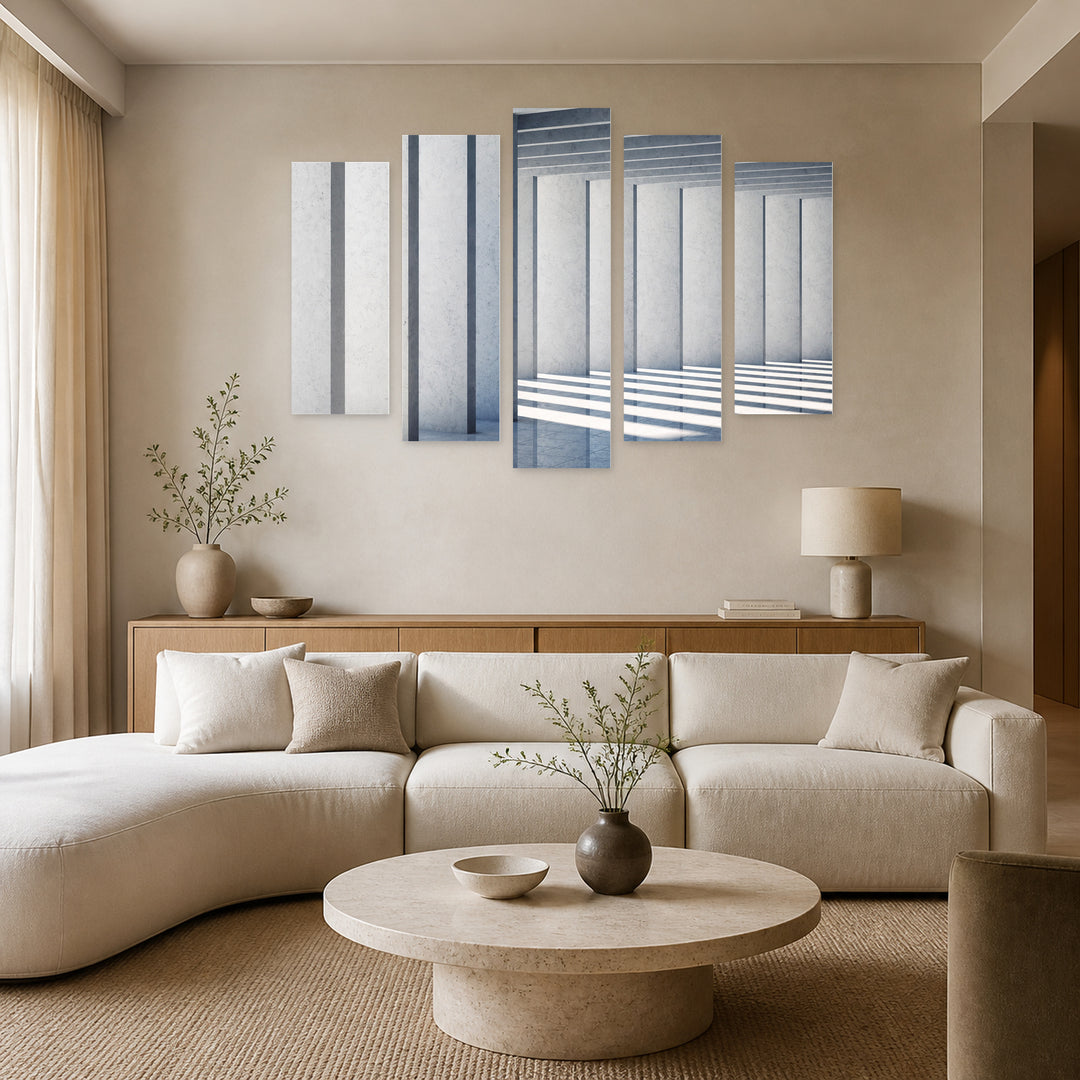 Modern Concrete Hall with Geometric Rhythm — five-panel wall art in alternate frontal interior | 5wallart 56224 M4