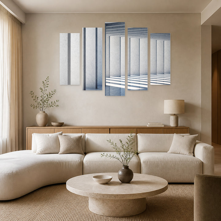 Modern Concrete Hall with Geometric Rhythm — five-panel wall art in alternate frontal interior | 5wallart 56224 M4