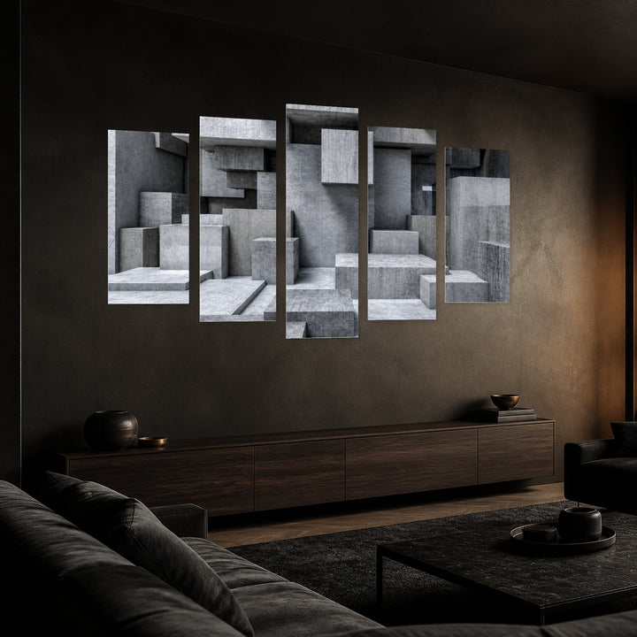 Architectural Cubes with Geometric Rhythm — five-panel wall art in perspective interior | 5wallart 56241 M2