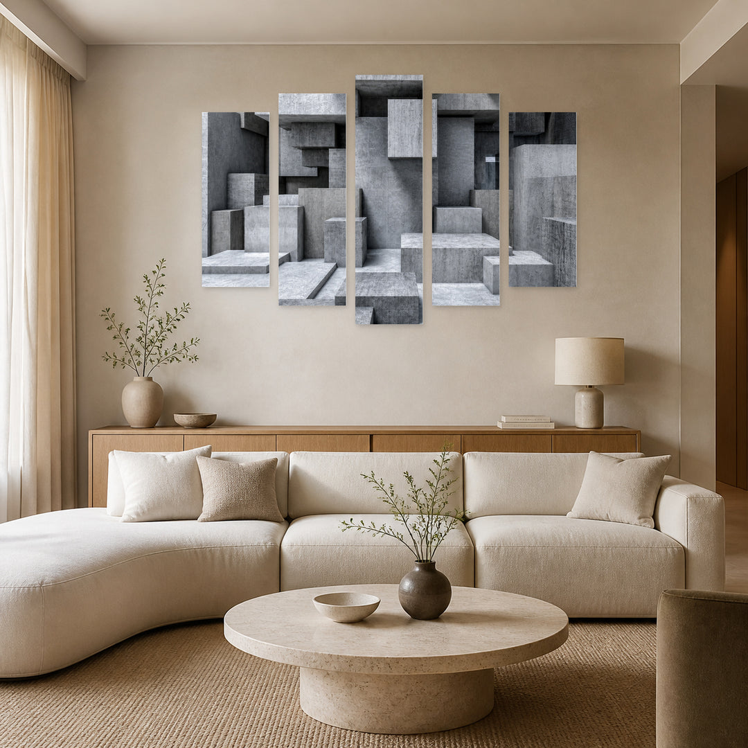 Architectural Cubes with Geometric Rhythm — five-panel wall art in frontal interior | 5wallart 56241 M3