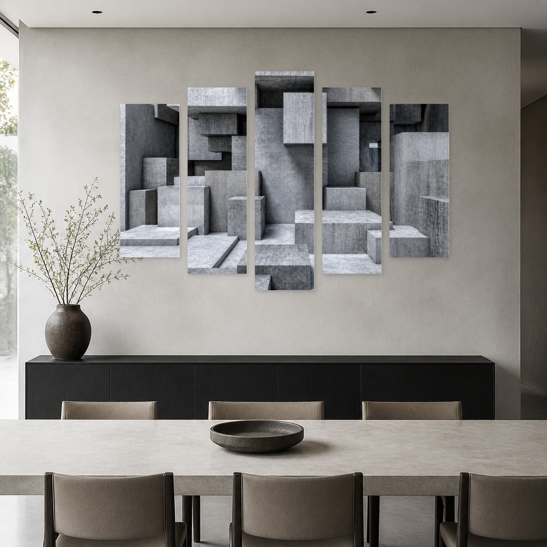 Architectural Cubes with Geometric Rhythm — five-panel wall art in alternate frontal interior | 5wallart 56241 M4