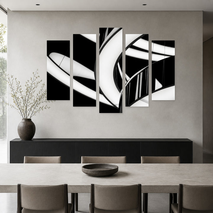Round Lamps with Geometric Rhythm — five-panel wall art in frontal interior | 5wallart 56246 M3