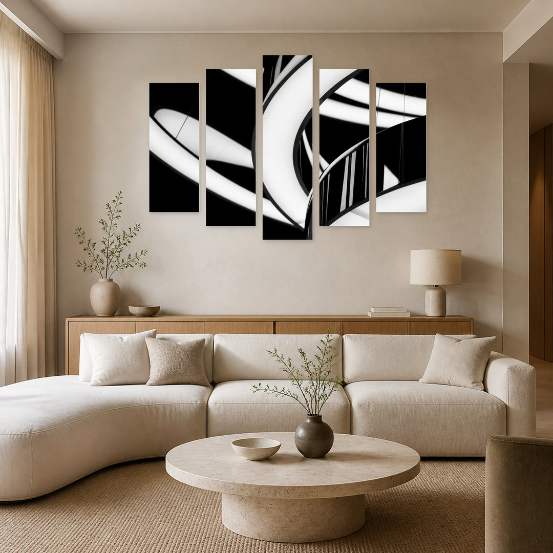 Round Lamps with Geometric Rhythm — five-panel wall art in alternate frontal interior | 5wallart 56246 M4