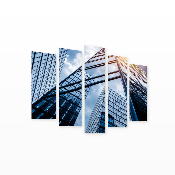 Reflection of Skyscrapers in Serene Light — five-panel wall art on white background in perspective | 5wallart 56250 M1