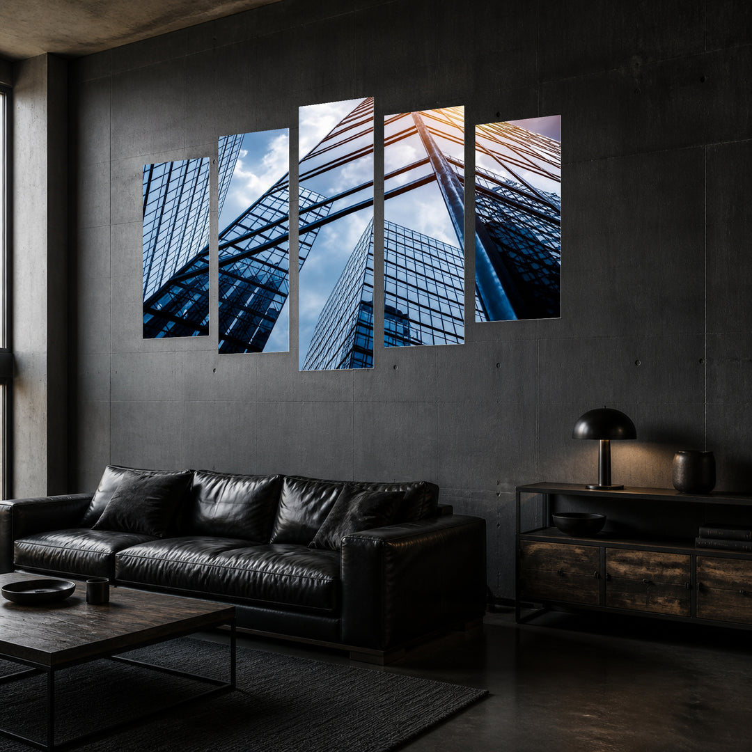 Reflection of Skyscrapers in Serene Light — five-panel wall art in perspective interior | 5wallart 56250 M2