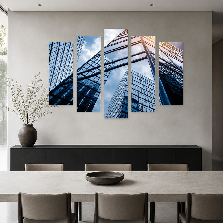 Reflection of Skyscrapers in Serene Light — five-panel wall art in frontal interior | 5wallart 56250 M3