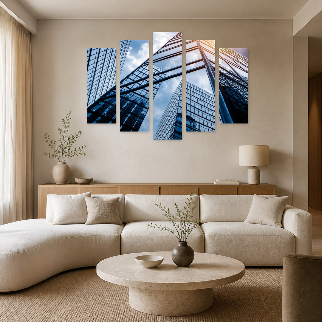 Reflection of Skyscrapers in Serene Light — five-panel wall art in alternate frontal interior | 5wallart 56250 M4