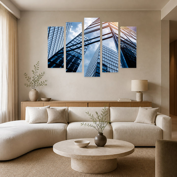 Reflection of Skyscrapers in Serene Light — five-panel wall art in alternate frontal interior | 5wallart 56250 M4