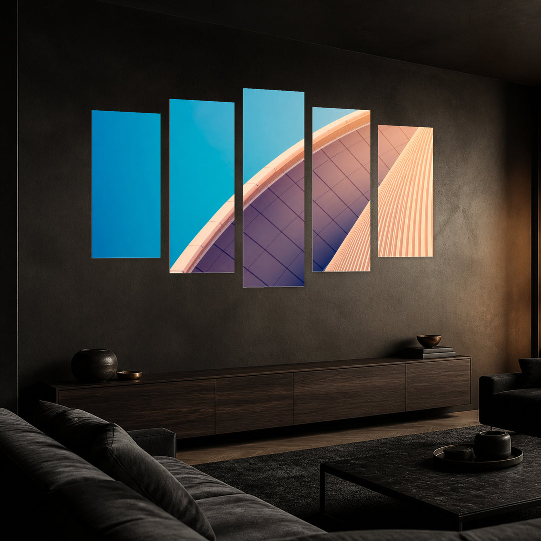 Details of Modern Architecture with Geometric Rhythm — five-panel wall art in perspective interior | 5wallart 56251 M2