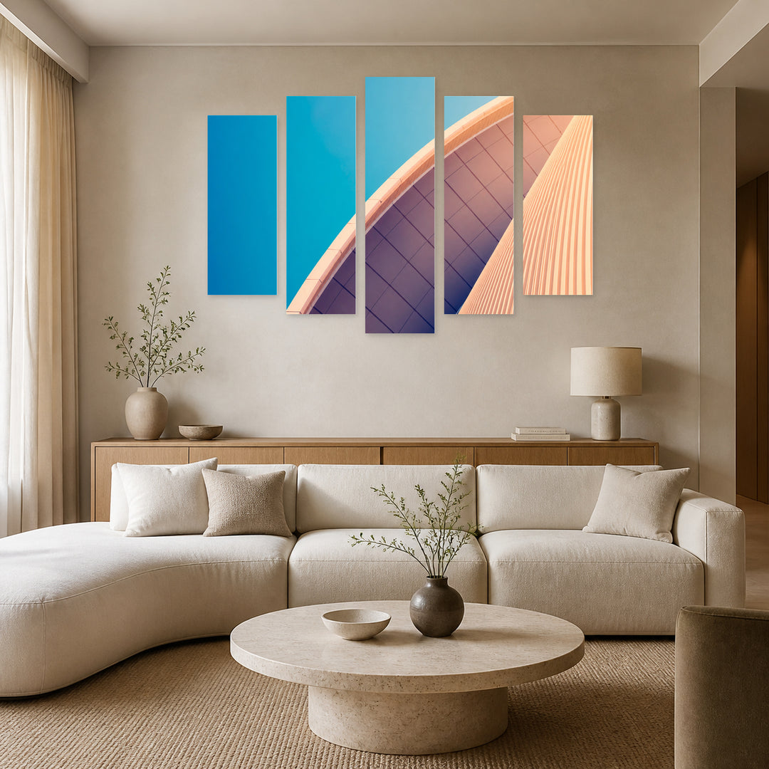 Details of Modern Architecture with Geometric Rhythm — five-panel wall art in frontal interior | 5wallart 56251 M3
