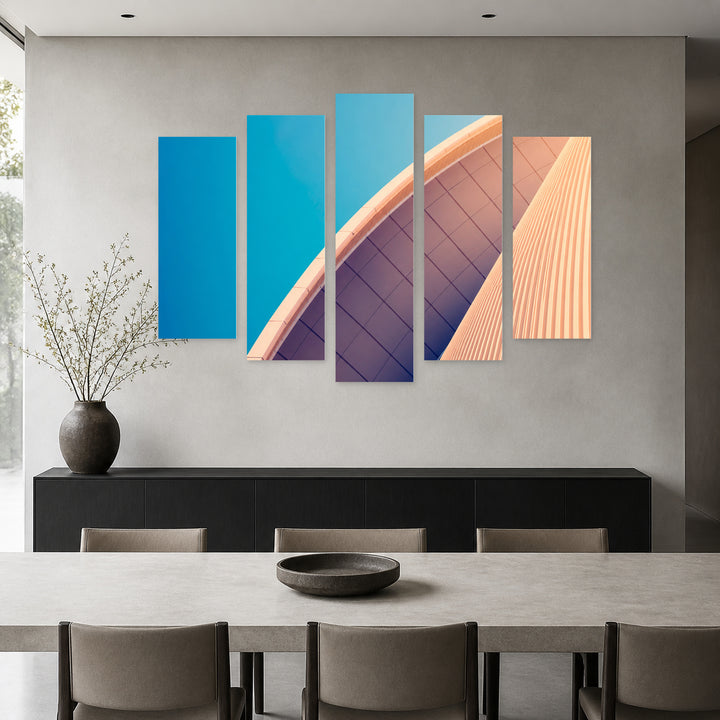 Details of Modern Architecture with Geometric Rhythm — five-panel wall art in alternate frontal interior | 5wallart 56251 M4