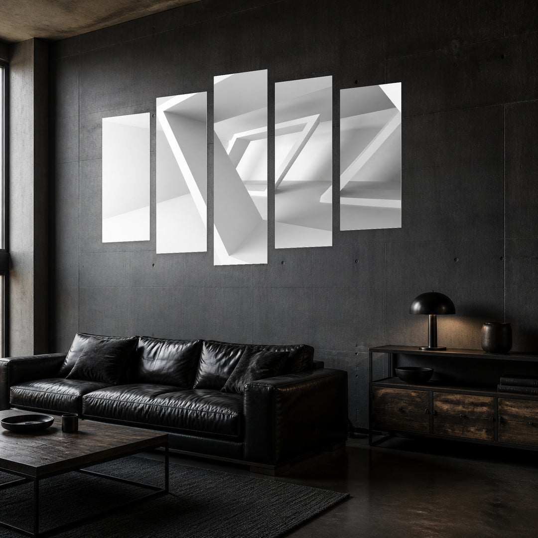 White Modern Architecture with Geometric Rhythm — five-panel wall art in perspective interior | 5wallart 56256 M2