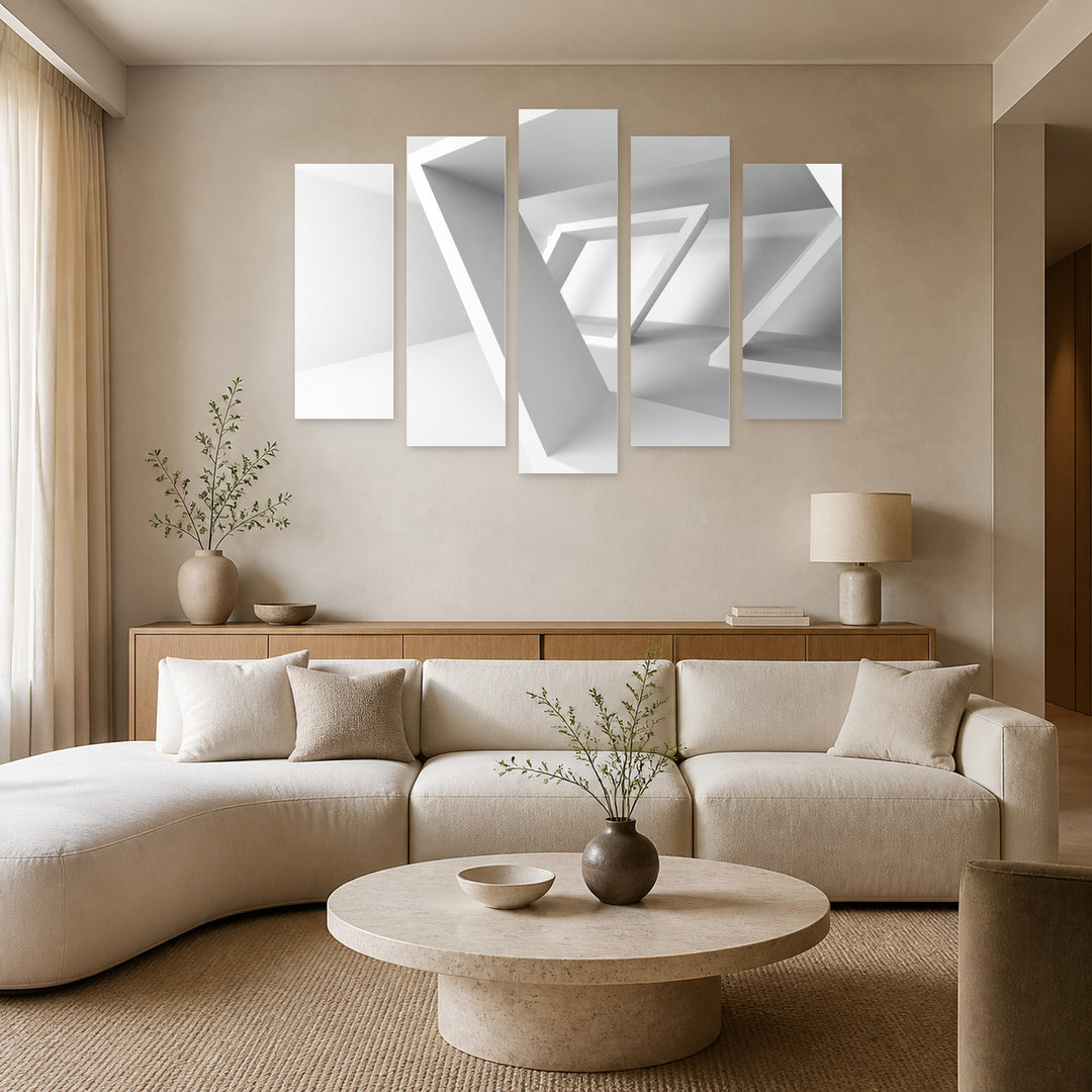 White Modern Architecture with Geometric Rhythm — five-panel wall art in alternate frontal interior | 5wallart 56256 M4