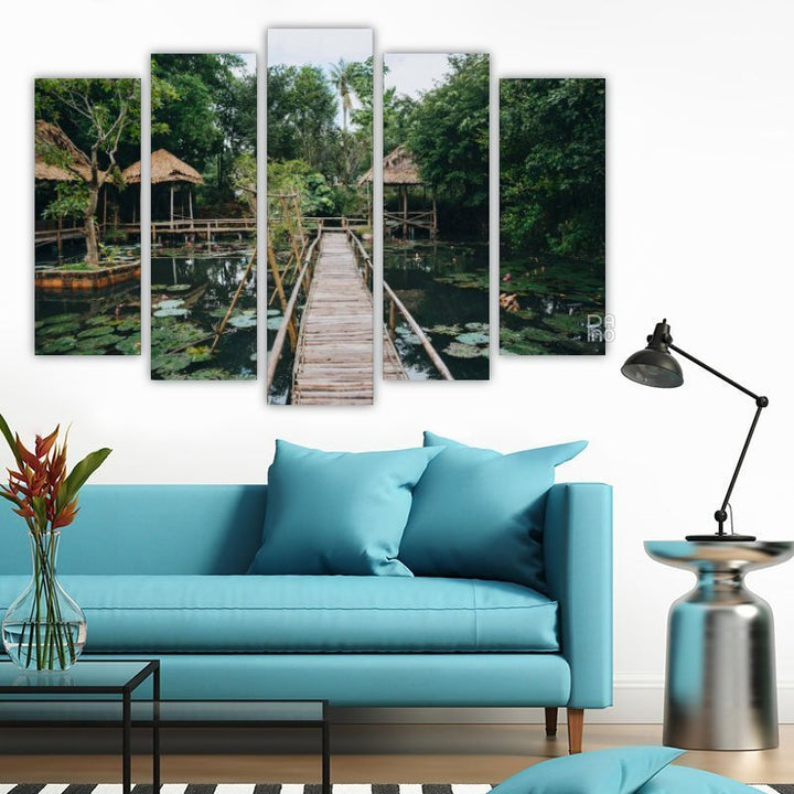 Wooden Bridge with Water Lilies – five-piece modular wall art