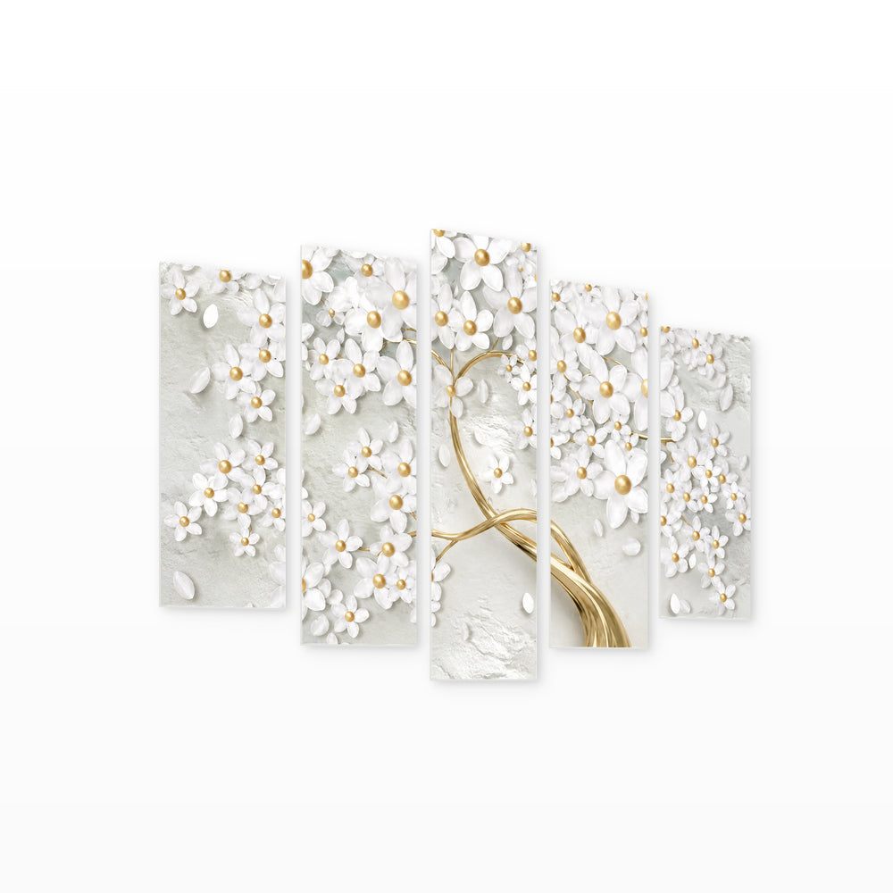 Tree with a Golden Trunk and Golden Pearl — five-panel wall art on white background in perspective | 5wallart 56667 M1