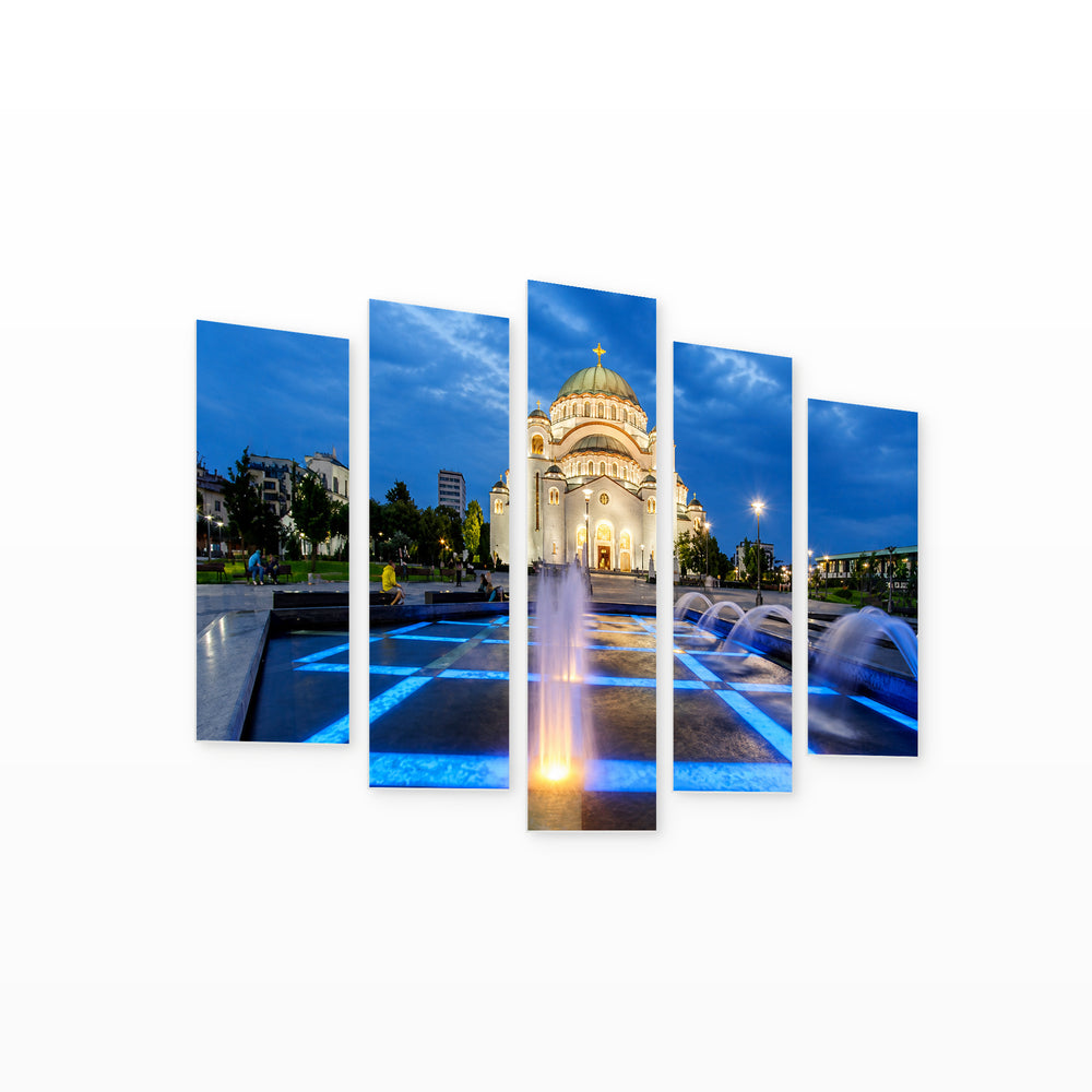 Temple of Saint Sava in Blue and Gold — five-panel wall art on white background in perspective | 5wallart 56699 M1
