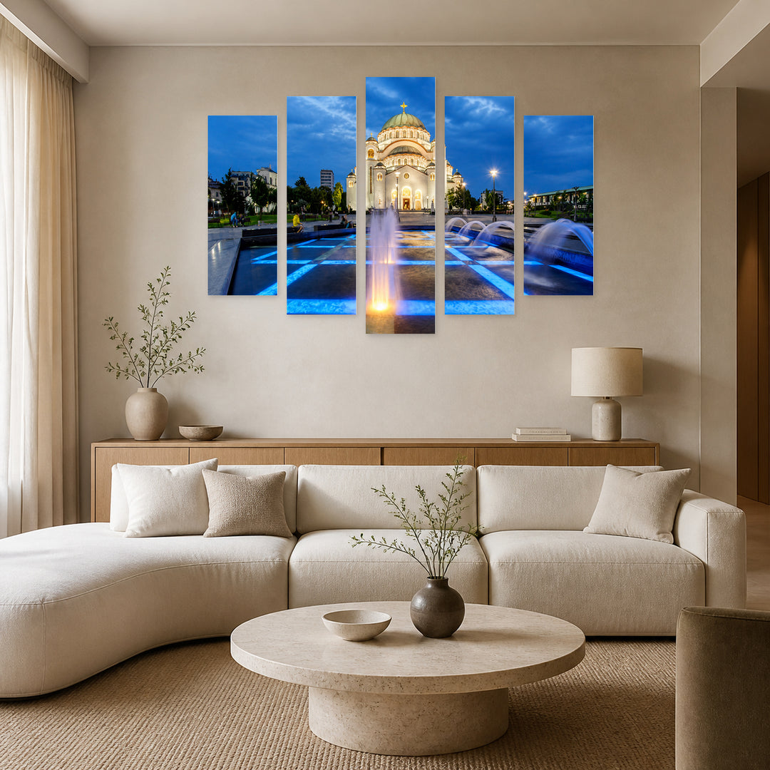 Temple of Saint Sava in Blue and Gold — five-panel wall art in frontal interior | 5wallart 56699 M3