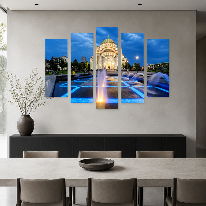 Temple of Saint Sava in Blue and Gold — five-panel wall art in alternate frontal interior | 5wallart 56699 M4