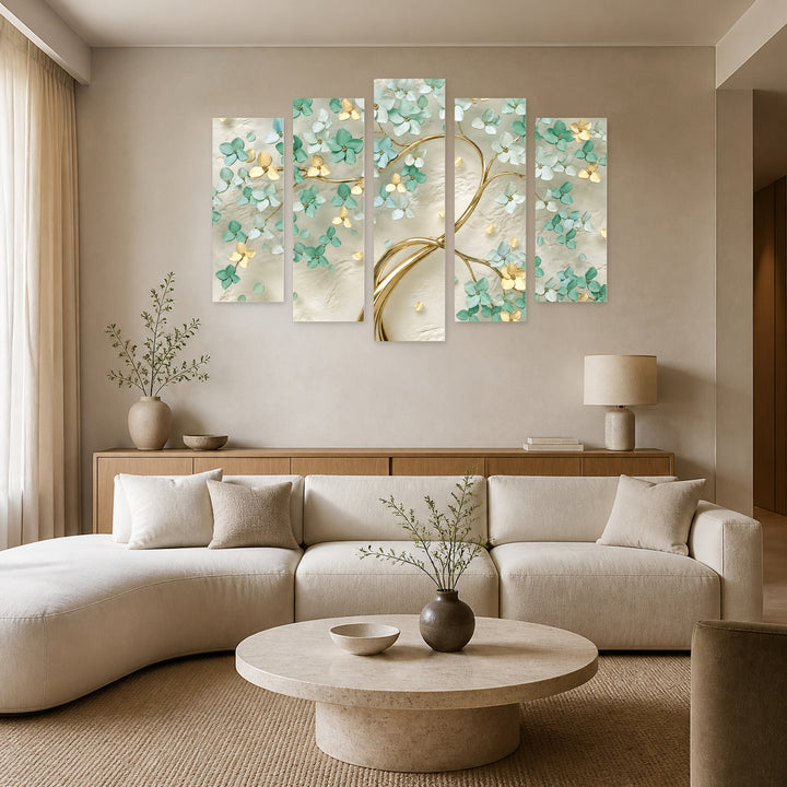 3D Luxury Wood with Geometric Rhythm — five-panel wall art in alternate frontal interior | 5wallart 56700 M4